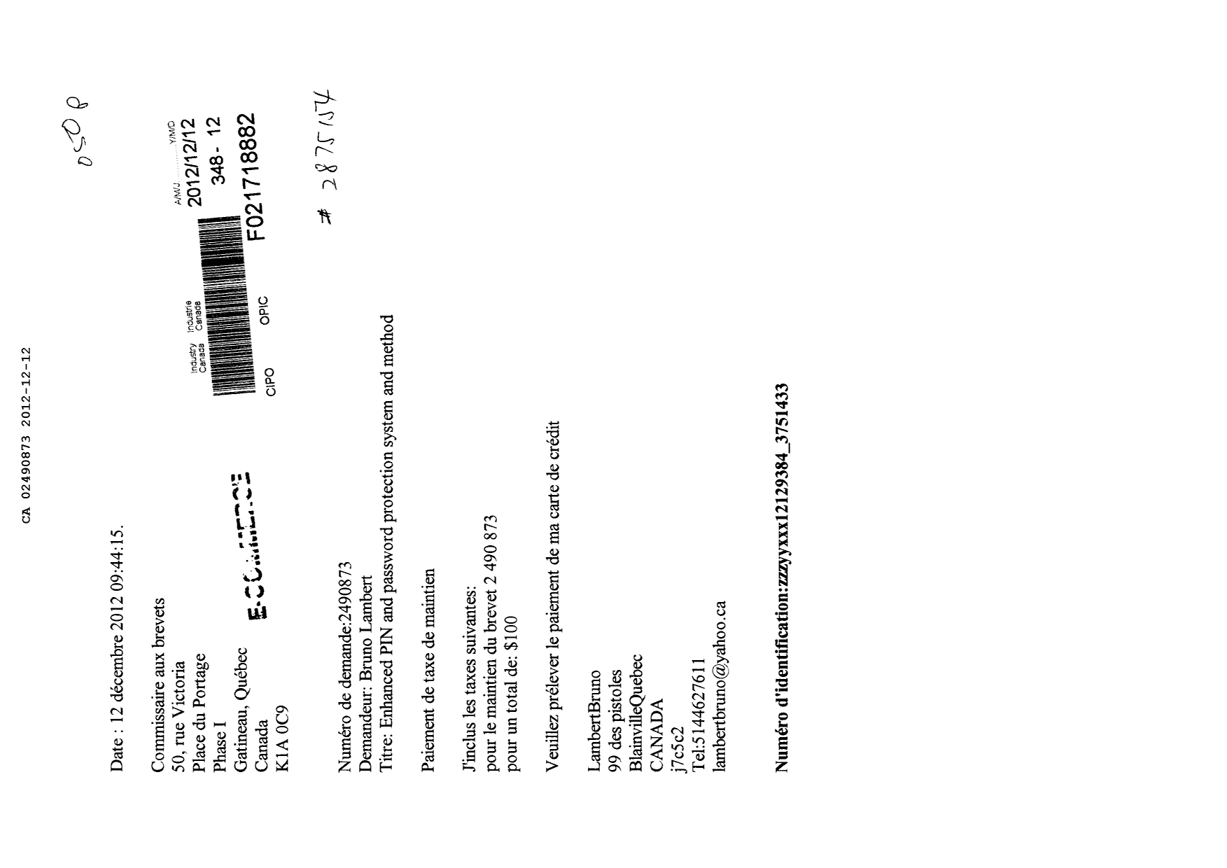 Document de brevet canadien 2490873. Taxes 20111212. Image 1 de 1