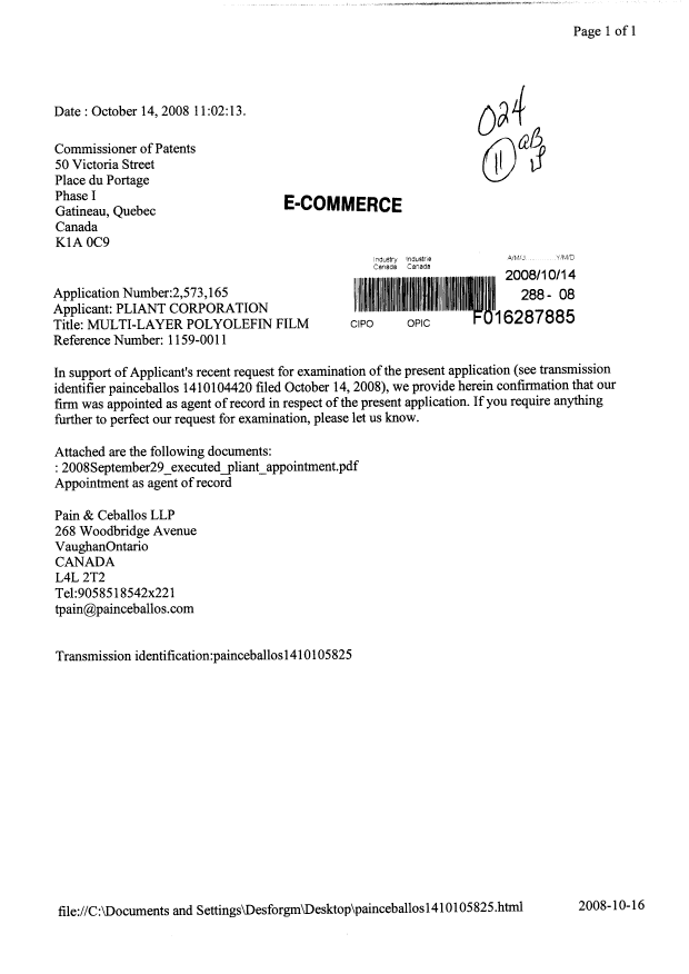 Document de brevet canadien 2490889. Correspondance 20081014. Image 1 de 3