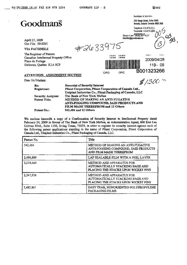 Document de brevet canadien 2490889. Cession 20090428. Image 1 de 8