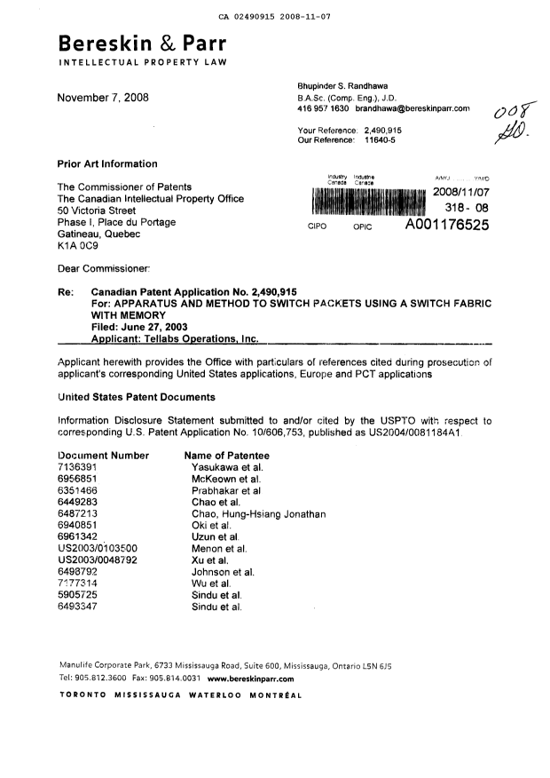 Canadian Patent Document 2490915. Prosecution-Amendment 20071207. Image 1 of 2