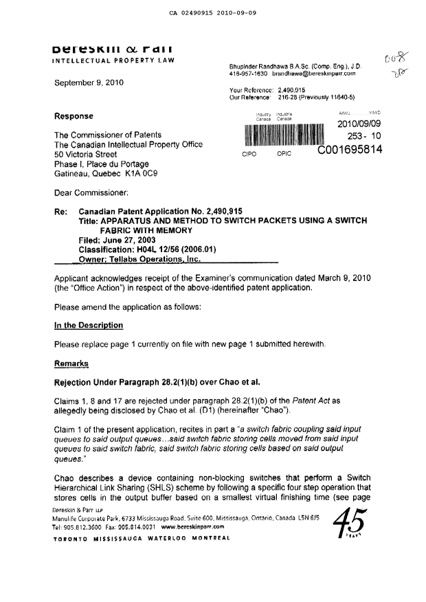 Canadian Patent Document 2490915. Prosecution-Amendment 20091209. Image 1 of 6