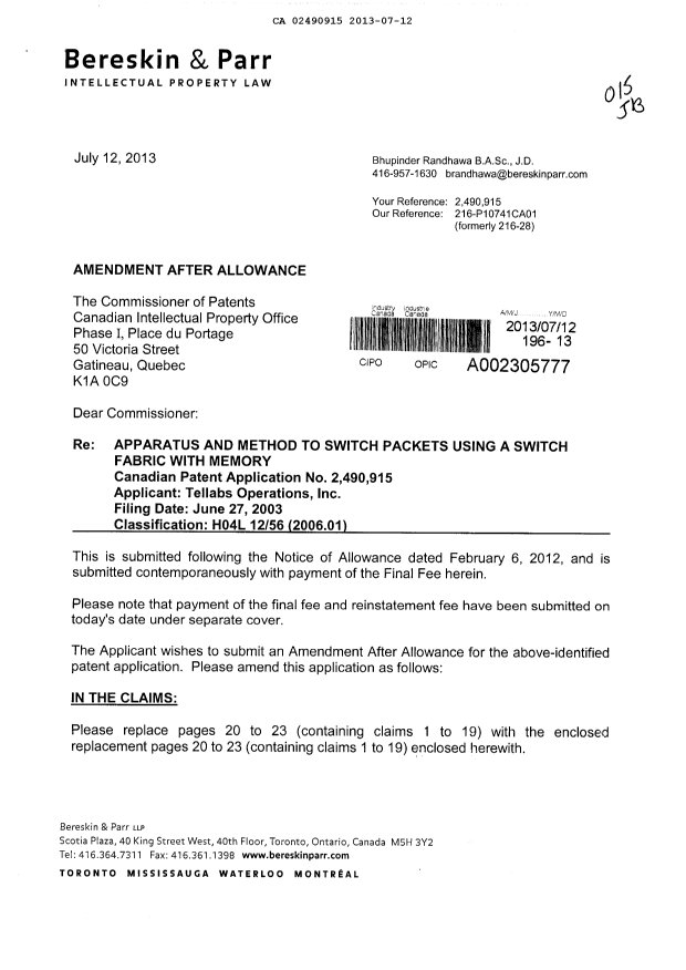 Canadian Patent Document 2490915. Prosecution-Amendment 20121212. Image 1 of 10