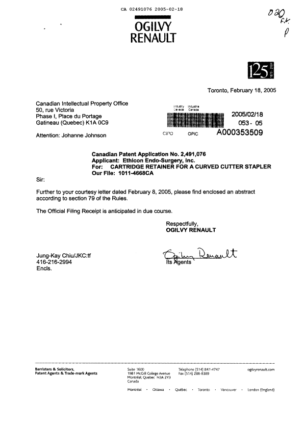 Document de brevet canadien 2491076. Correspondance 20050218. Image 1 de 2