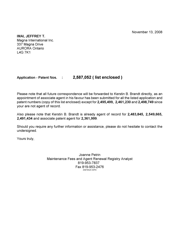 Document de brevet canadien 2491434. Correspondance 20081113. Image 1 de 1