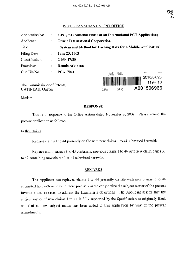 Canadian Patent Document 2491731. Prosecution-Amendment 20091228. Image 1 of 14