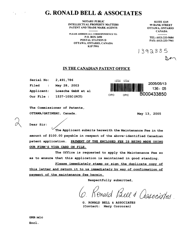 Document de brevet canadien 2491786. Taxes 20050513. Image 1 de 1