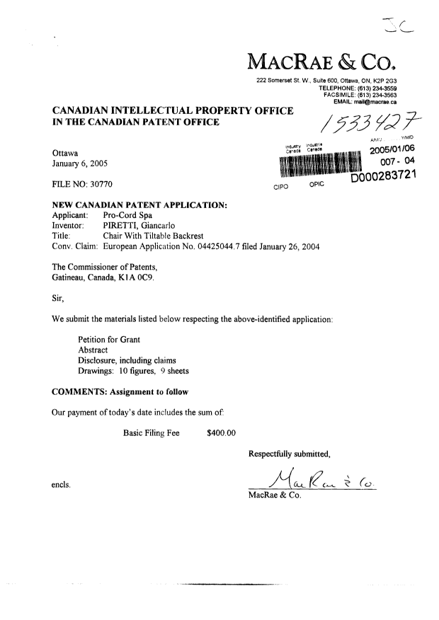 Canadian Patent Document 2491841. Assignment 20050106. Image 1 of 2