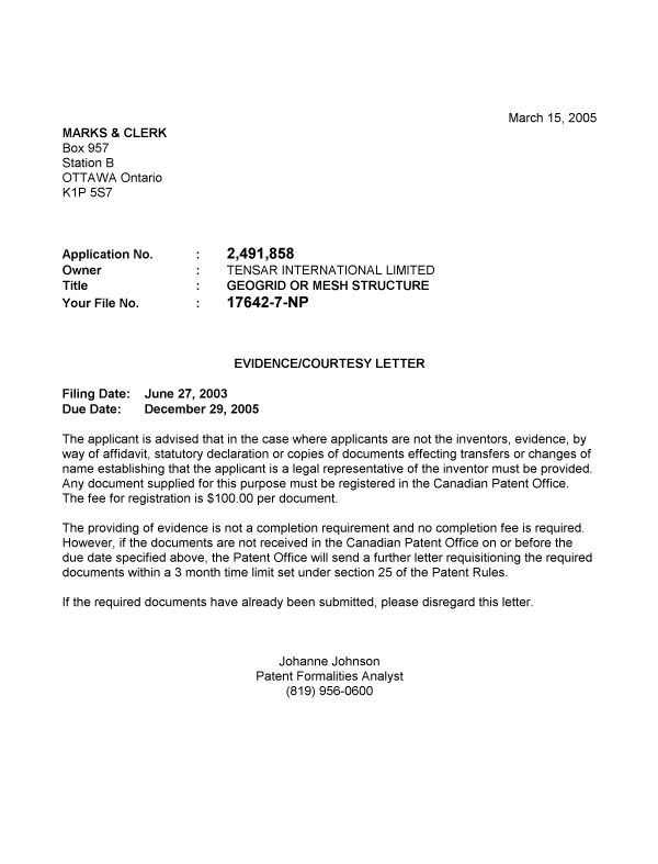 Document de brevet canadien 2491858. Correspondance 20050307. Image 1 de 1