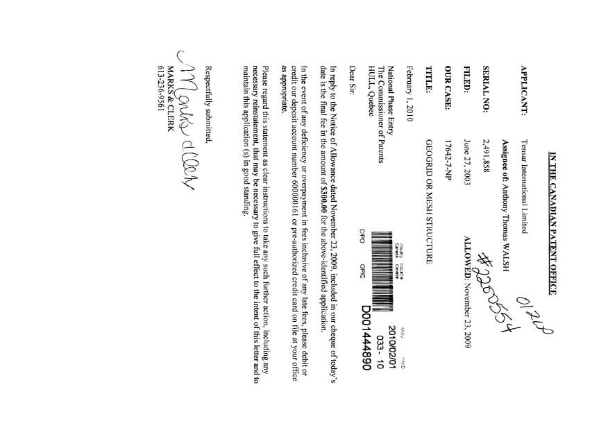 Canadian Patent Document 2491858. Correspondence 20091201. Image 1 of 1