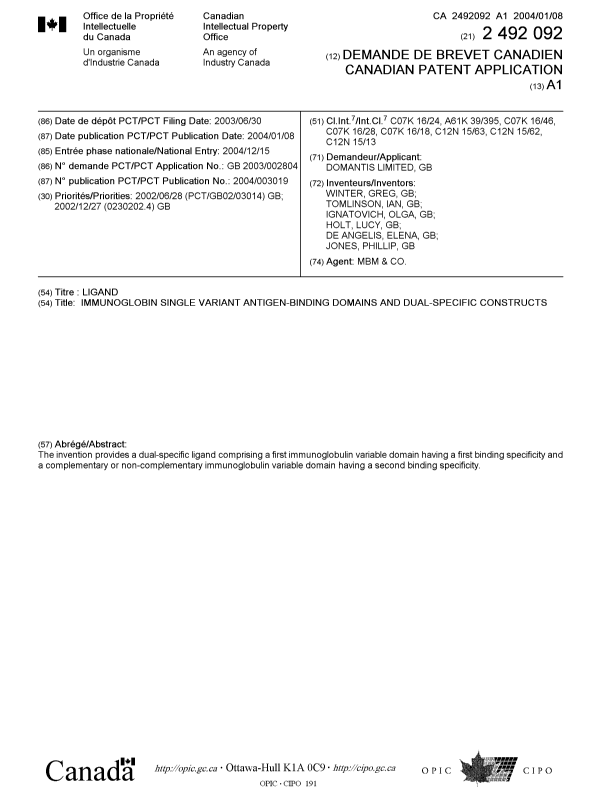 Canadian Patent Document 2492092. Cover Page 20041220. Image 1 of 1