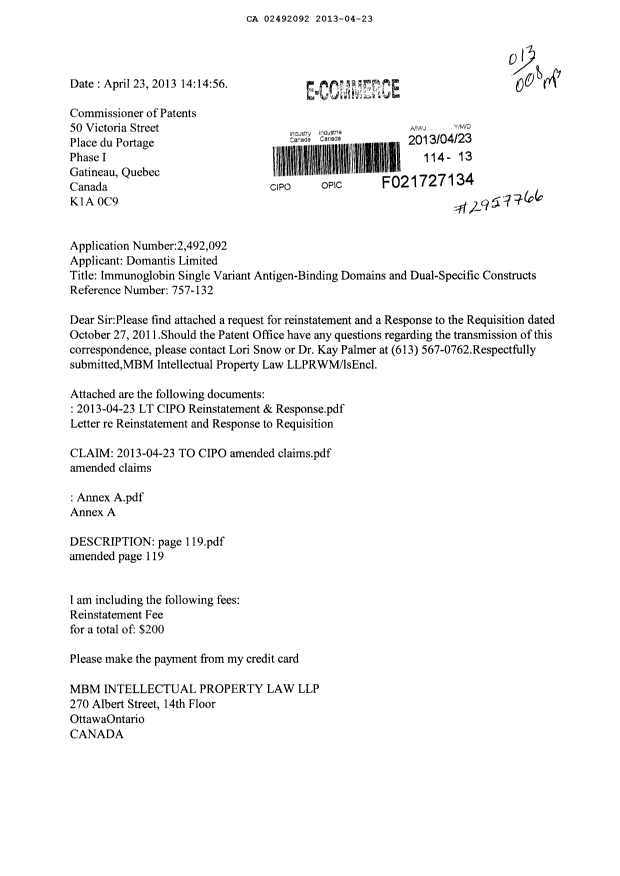 Canadian Patent Document 2492092. Prosecution-Amendment 20121223. Image 1 of 21