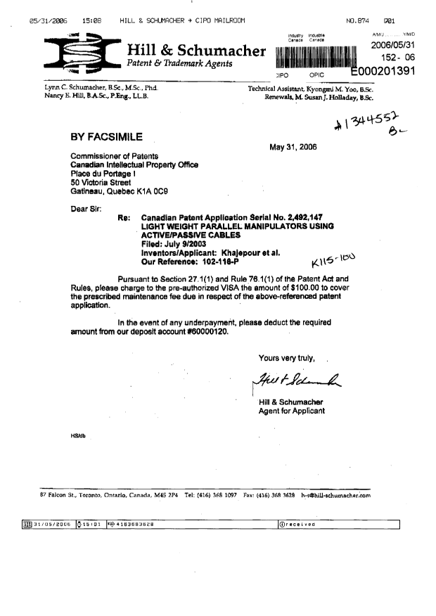 Canadian Patent Document 2492147. Fees 20060531. Image 1 of 1