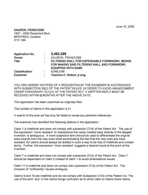 Document de brevet canadien 2492399. Poursuite-Amendment 20041215. Image 1 de 3