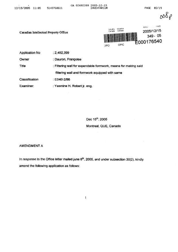 Document de brevet canadien 2492399. Poursuite-Amendment 20051215. Image 1 de 18