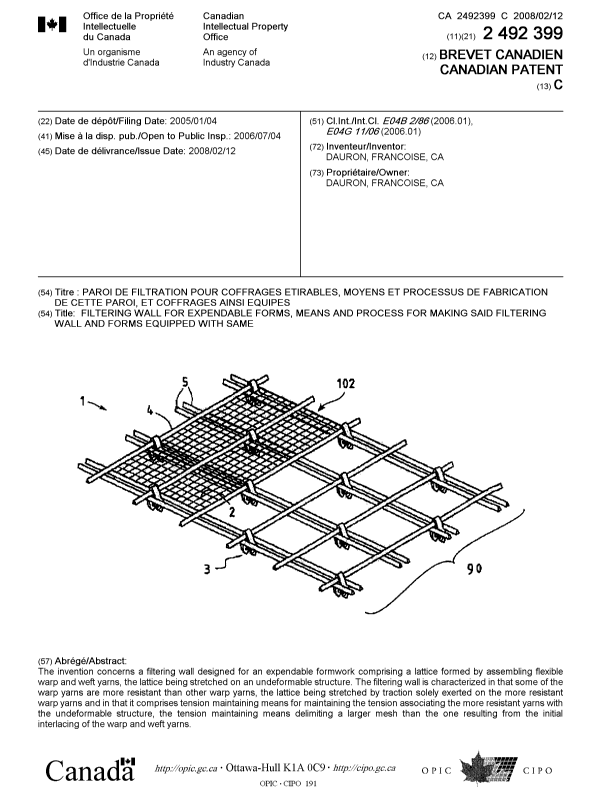 Document de brevet canadien 2492399. Page couverture 20071228. Image 1 de 1