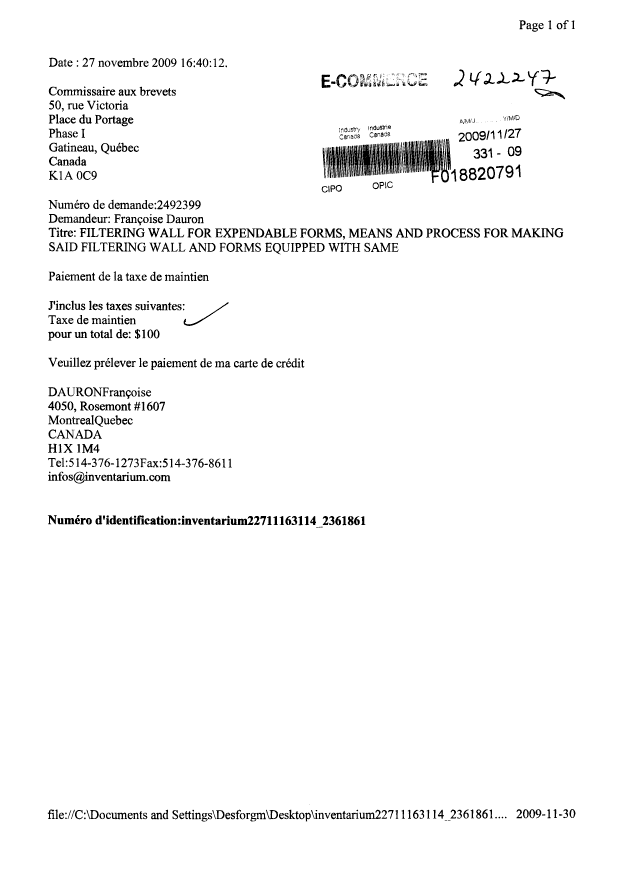 Document de brevet canadien 2492399. Taxes 20081227. Image 1 de 1