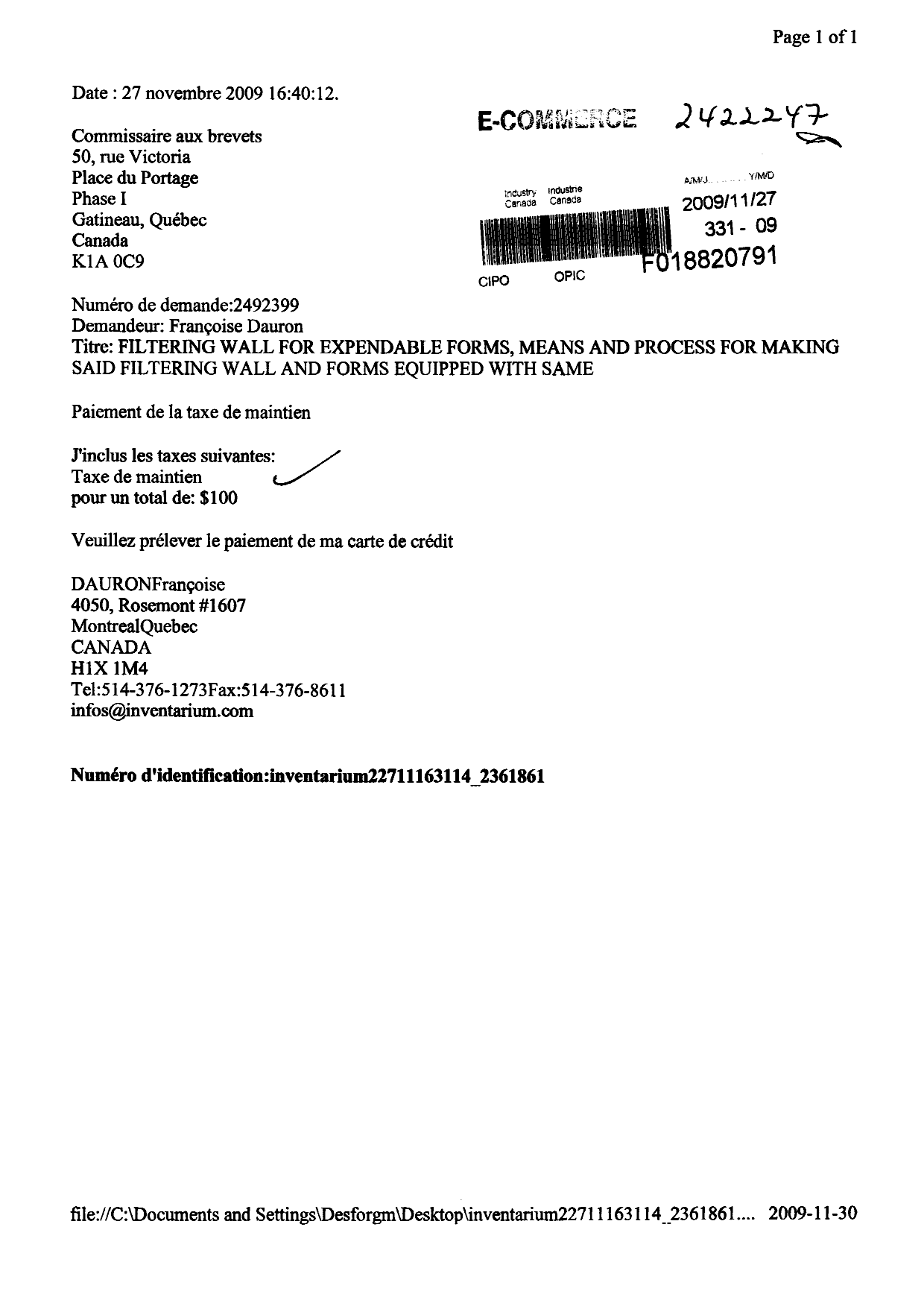 Document de brevet canadien 2492399. Taxes 20081227. Image 1 de 1