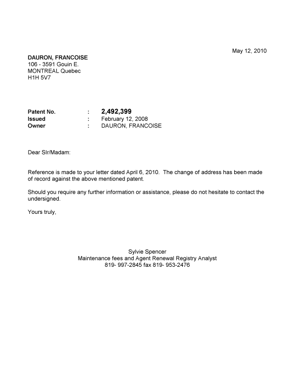 Document de brevet canadien 2492399. Correspondance 20091212. Image 1 de 1
