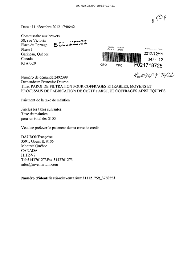 Document de brevet canadien 2492399. Taxes 20111211. Image 1 de 1