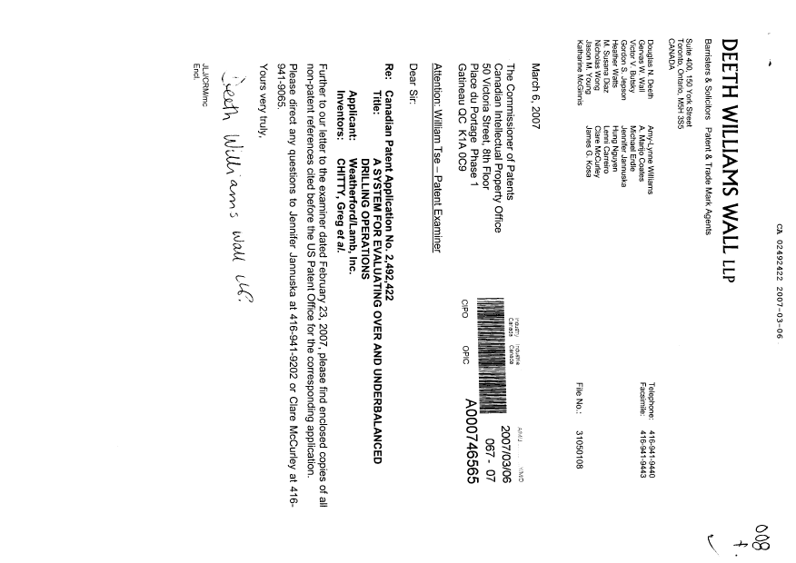 Canadian Patent Document 2492422. Prosecution-Amendment 20070306. Image 1 of 4
