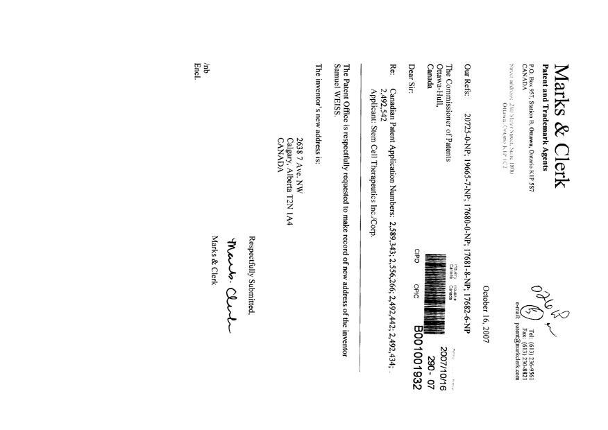 Document de brevet canadien 2492434. Correspondance 20071016. Image 1 de 1