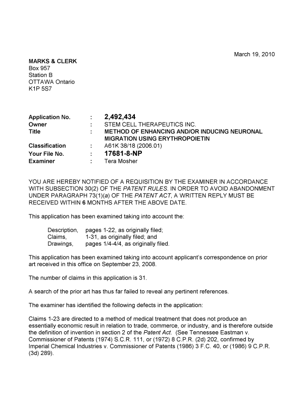 Canadian Patent Document 2492434. Prosecution-Amendment 20091219. Image 1 of 3