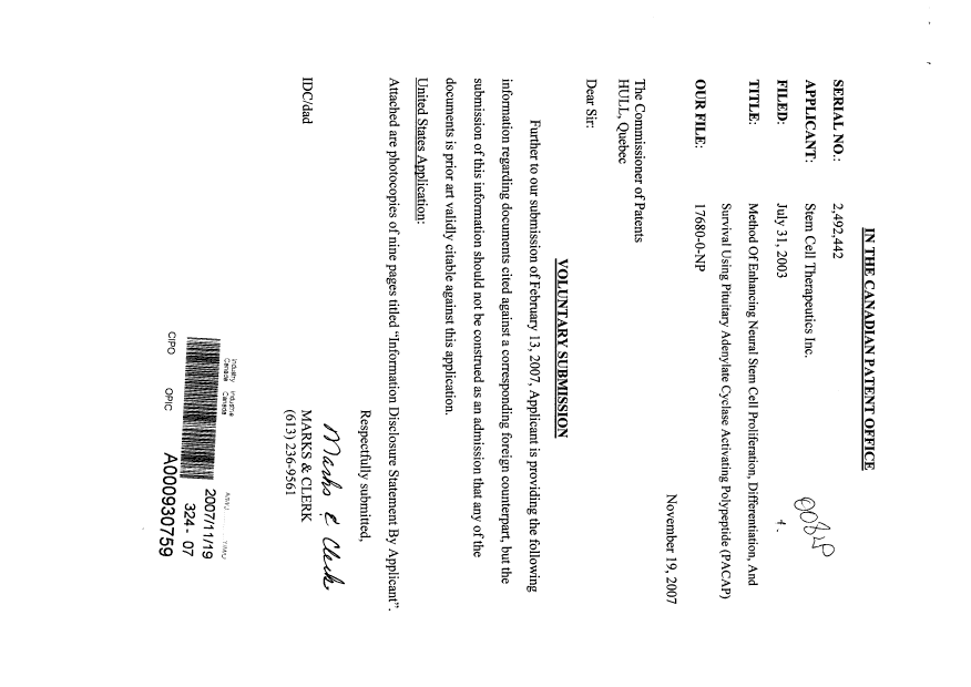 Canadian Patent Document 2492442. Prosecution-Amendment 20061219. Image 1 of 1