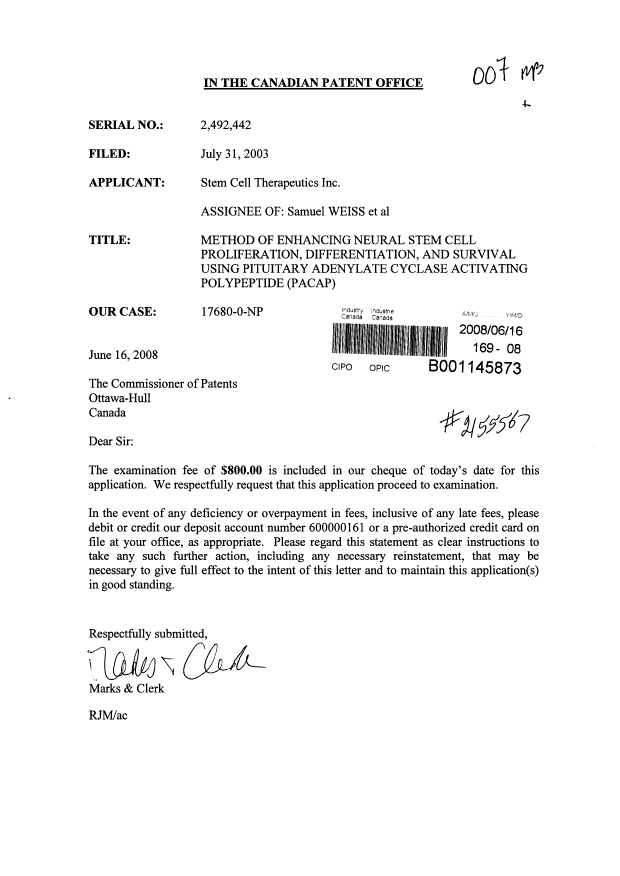 Canadian Patent Document 2492442. Prosecution-Amendment 20071216. Image 1 of 1
