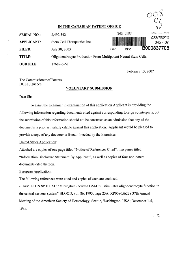 Canadian Patent Document 2492542. Prosecution-Amendment 20061213. Image 1 of 2