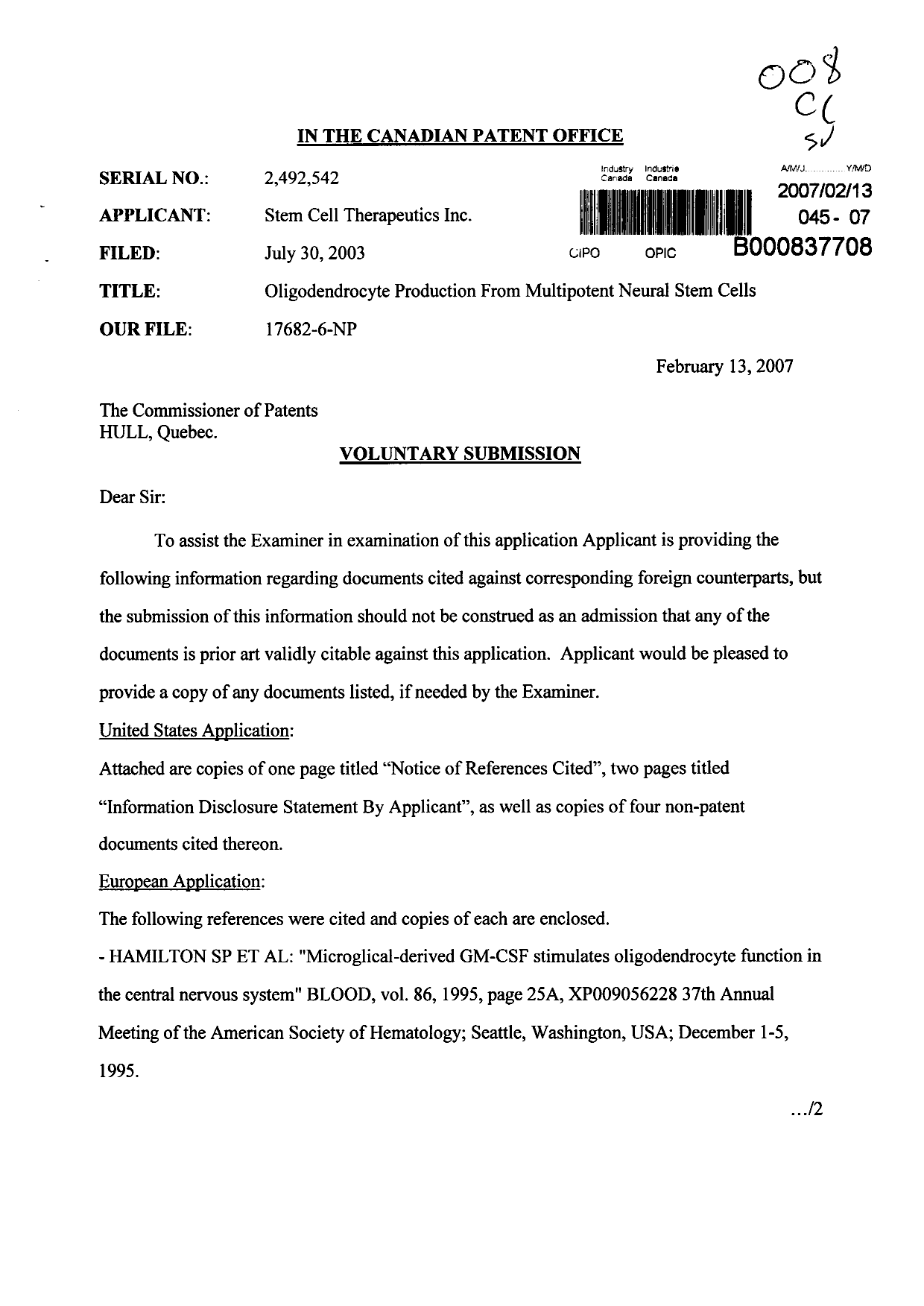Document de brevet canadien 2492542. Poursuite-Amendment 20061213. Image 1 de 2
