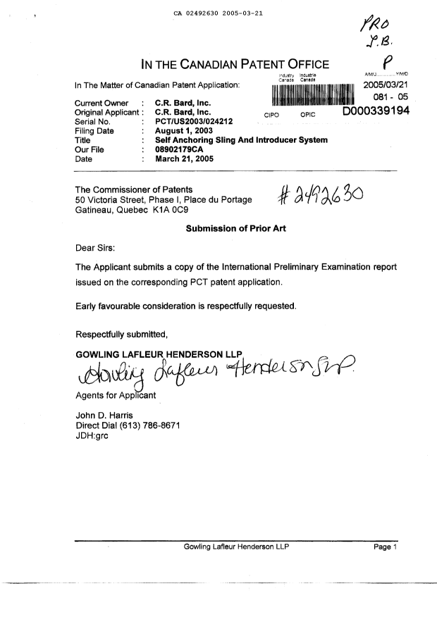 Document de brevet canadien 2492630. Poursuite-Amendment 20050321. Image 1 de 1