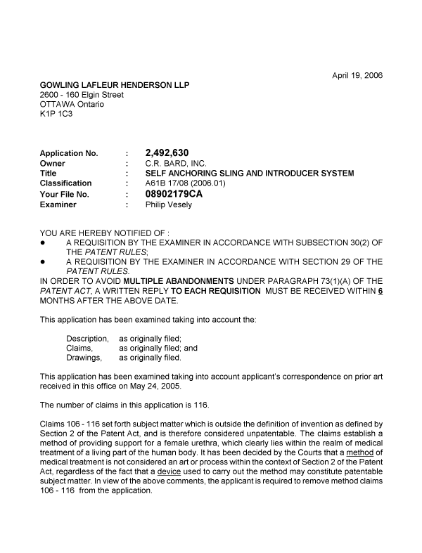 Canadian Patent Document 2492630. Prosecution-Amendment 20060419. Image 1 of 3