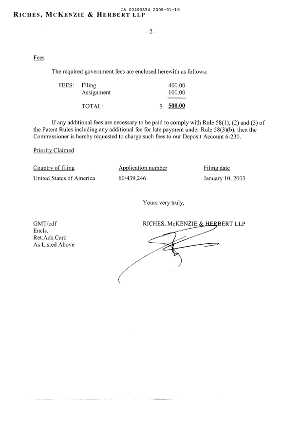 Document de brevet canadien 2493334. Cession 20050119. Image 2 de 4