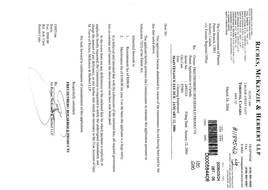 Document de brevet canadien 2493334. Taxes 20060324. Image 1 de 1