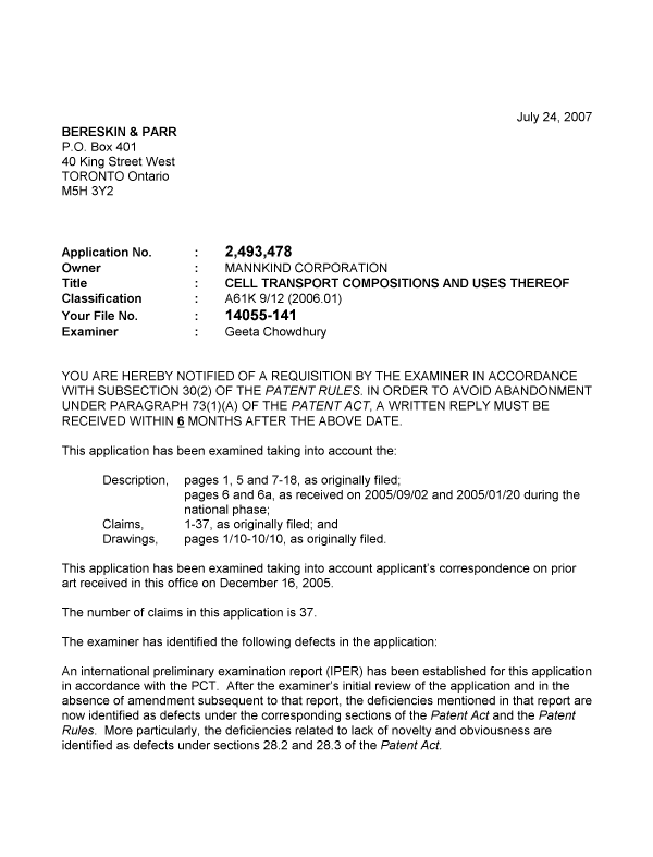 Canadian Patent Document 2493478. Prosecution-Amendment 20070724. Image 1 of 2