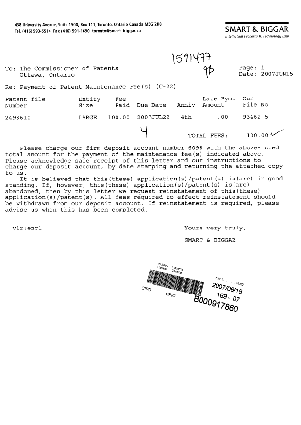 Document de brevet canadien 2493610. Taxes 20070615. Image 1 de 1