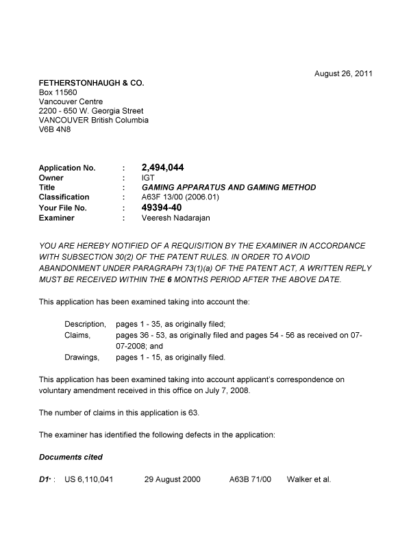 Canadian Patent Document 2494044. Prosecution-Amendment 20101226. Image 1 of 5