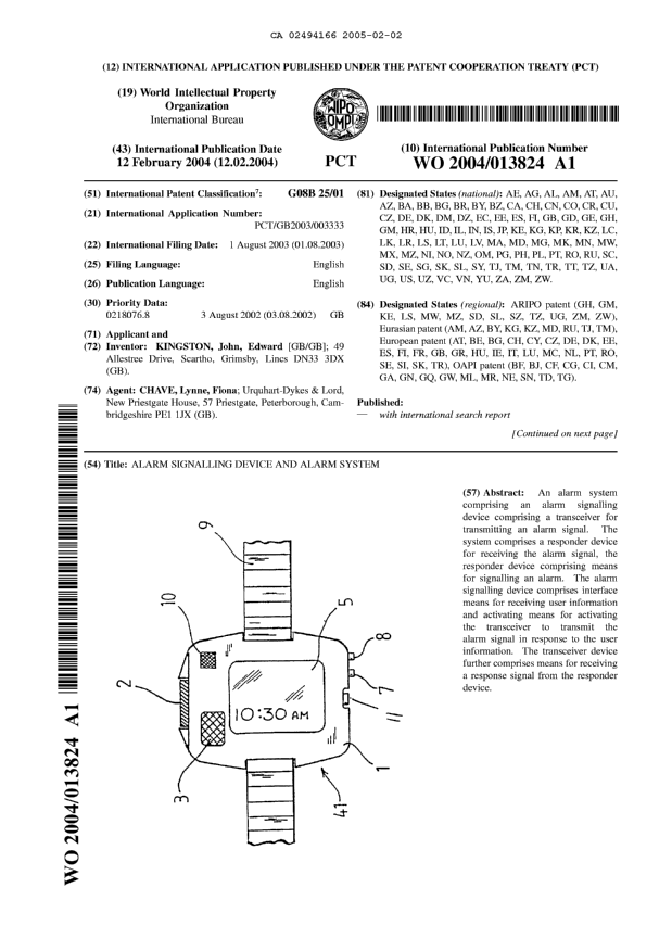 Canadian Patent Document 2494166. Abstract 20041202. Image 1 of 2