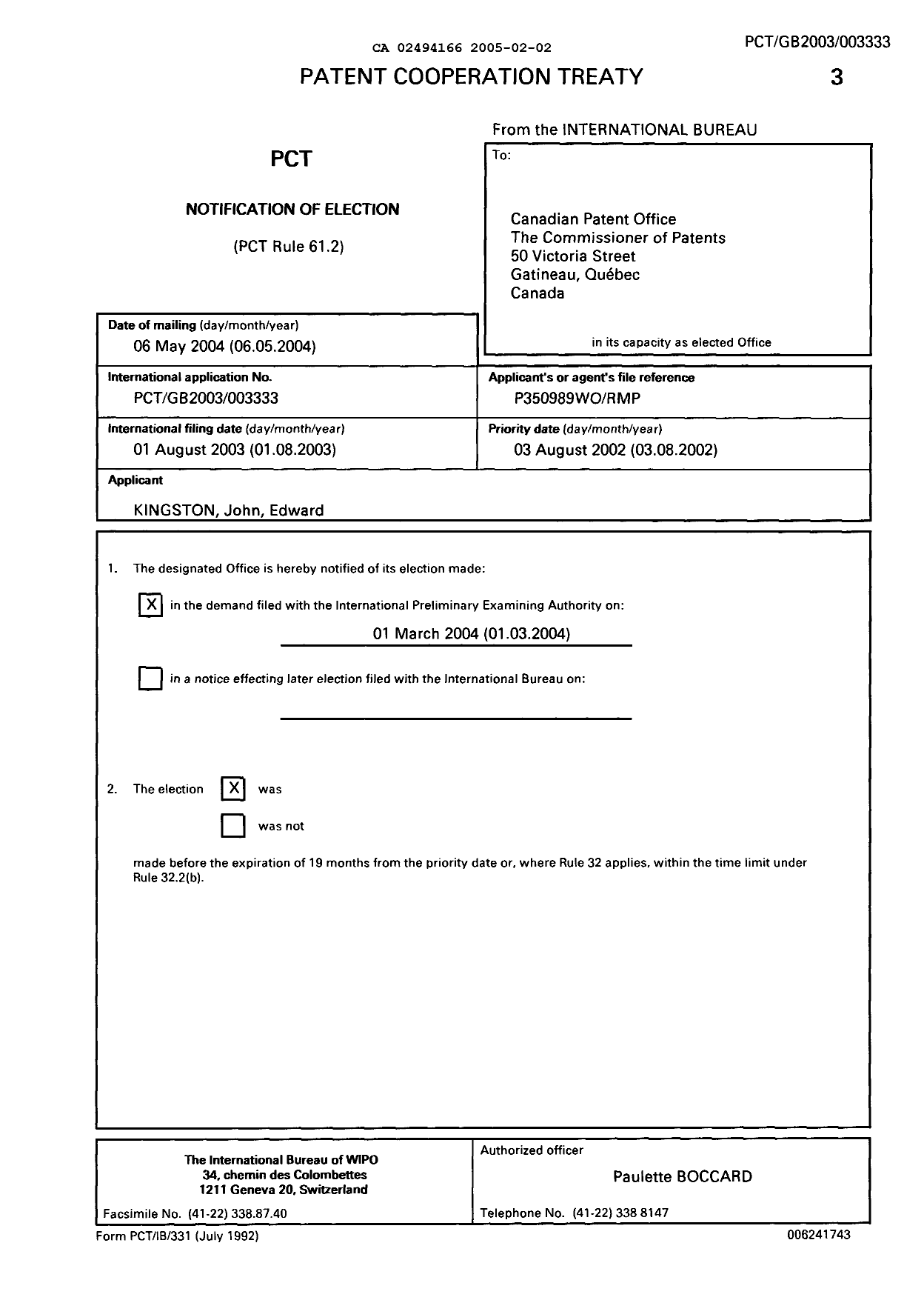 Document de brevet canadien 2494166. PCT 20041202. Image 1 de 17