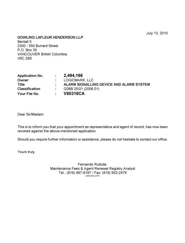 Document de brevet canadien 2494166. Correspondance 20091213. Image 1 de 1