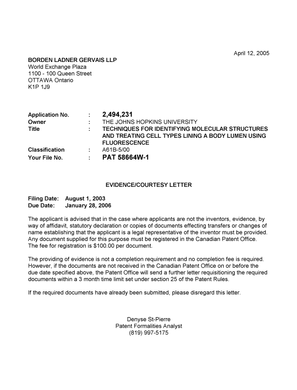 Canadian Patent Document 2494231. Correspondence 20050405. Image 1 of 1