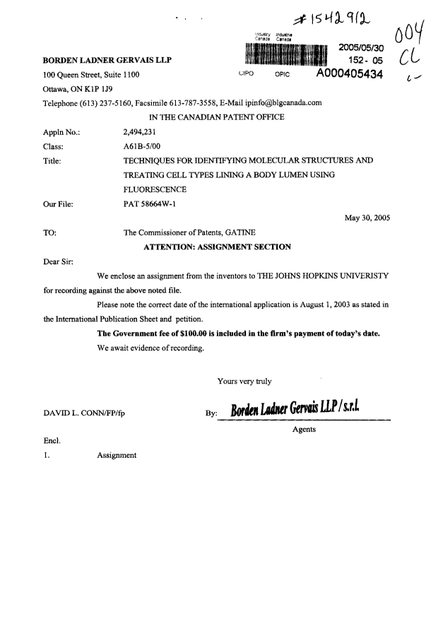 Document de brevet canadien 2494231. Cession 20050530. Image 1 de 3