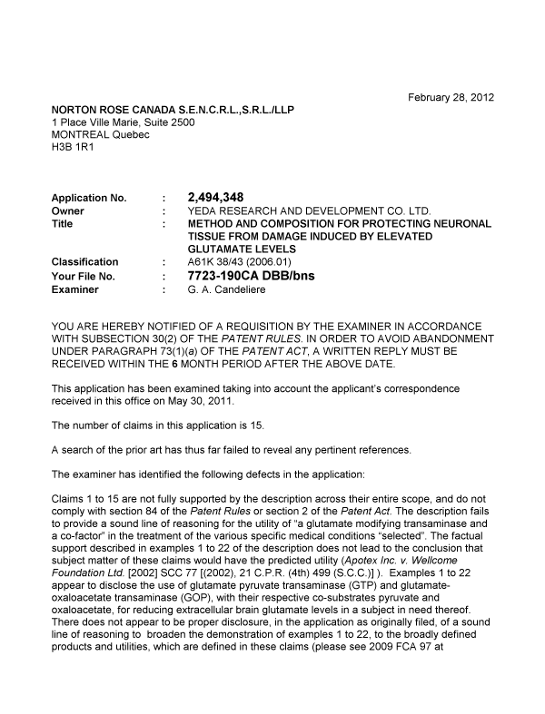 Canadian Patent Document 2494348. Prosecution-Amendment 20120228. Image 1 of 2