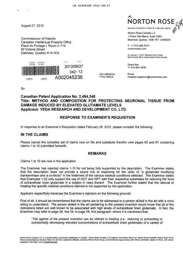 Canadian Patent Document 2494348. Prosecution-Amendment 20120827. Image 1 of 5