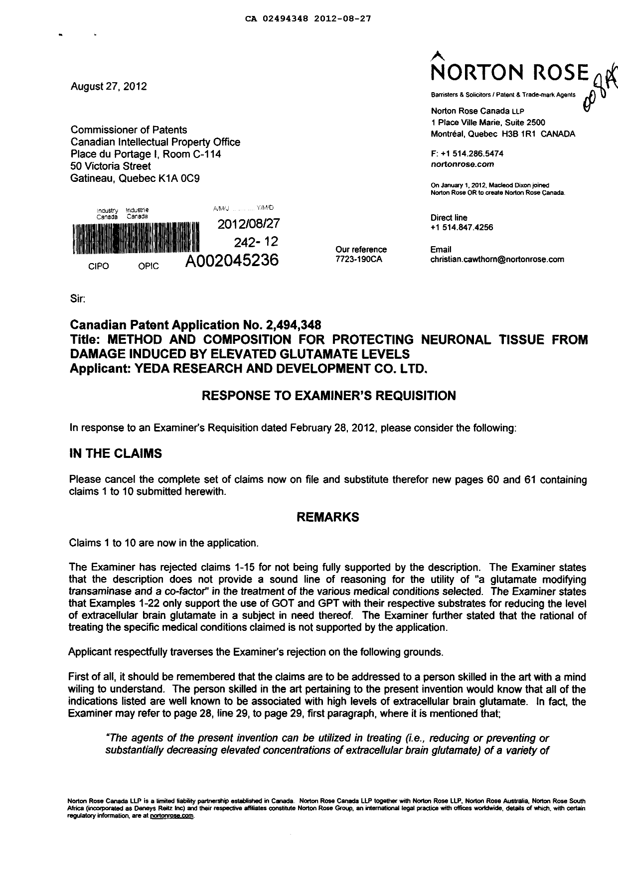 Canadian Patent Document 2494348. Prosecution-Amendment 20120827. Image 1 of 5
