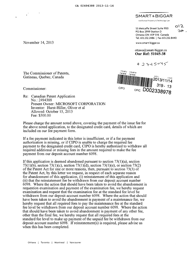Document de brevet canadien 2494388. Correspondance 20131114. Image 1 de 2