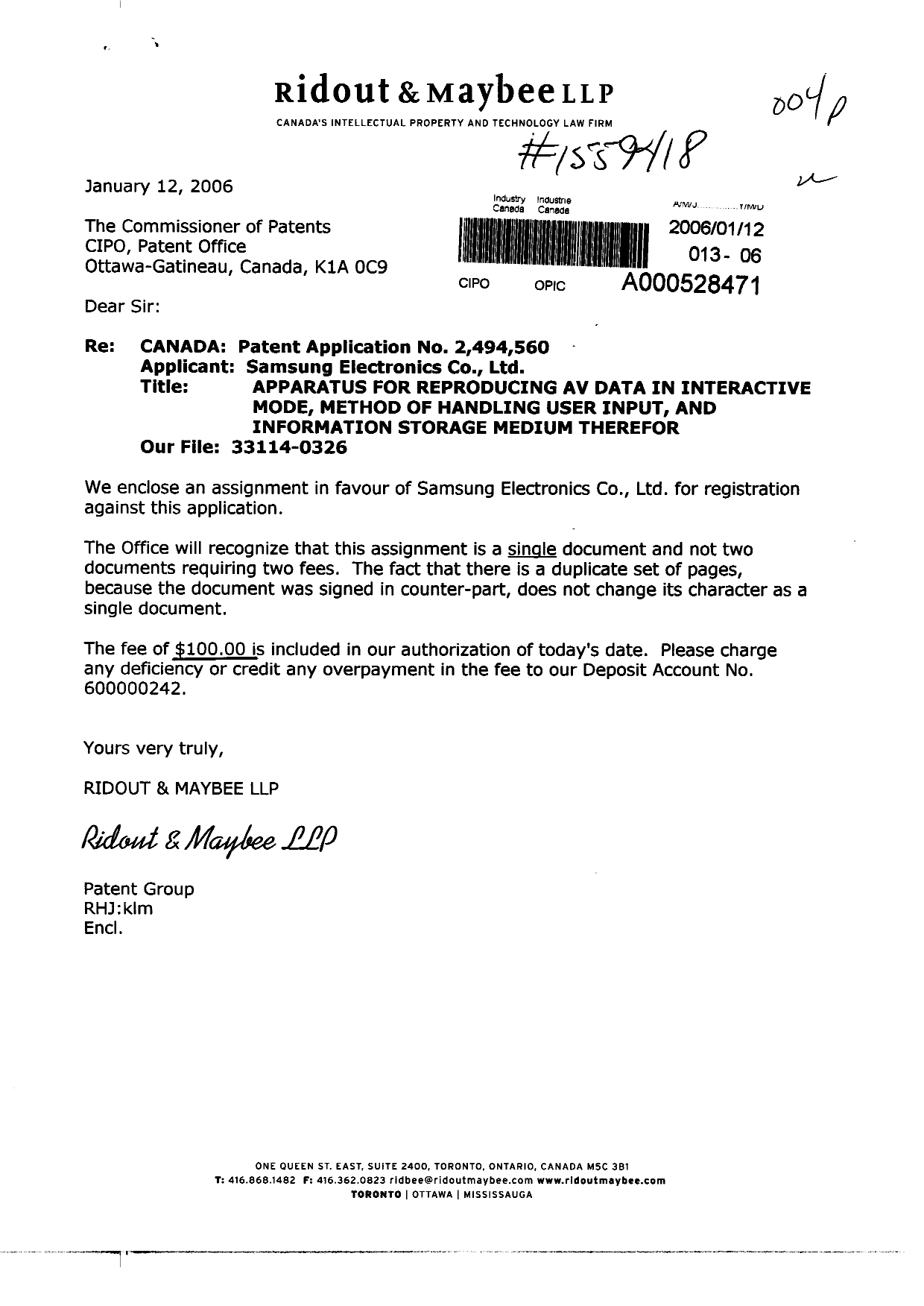 Canadian Patent Document 2494560. Assignment 20060112. Image 1 of 3