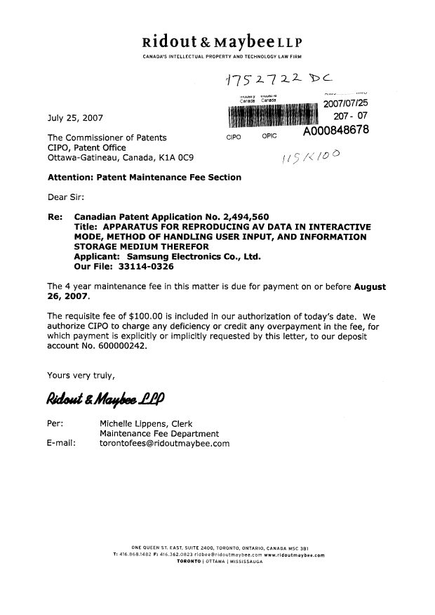 Document de brevet canadien 2494560. Taxes 20070725. Image 1 de 1