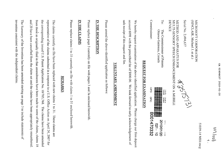 Canadian Patent Document 2494637. Prosecution-Amendment 20100120. Image 1 of 9