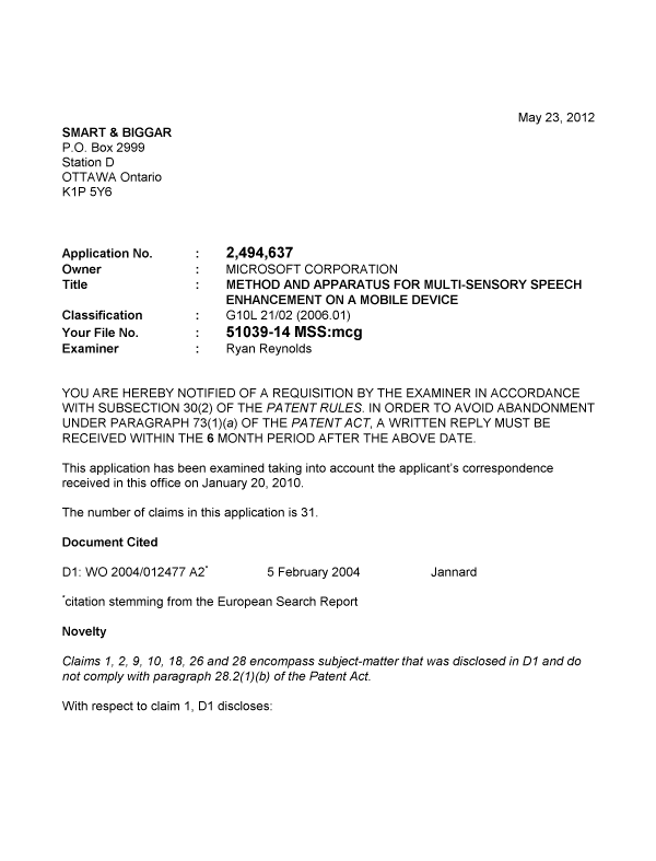 Document de brevet canadien 2494637. Poursuite-Amendment 20120523. Image 1 de 3